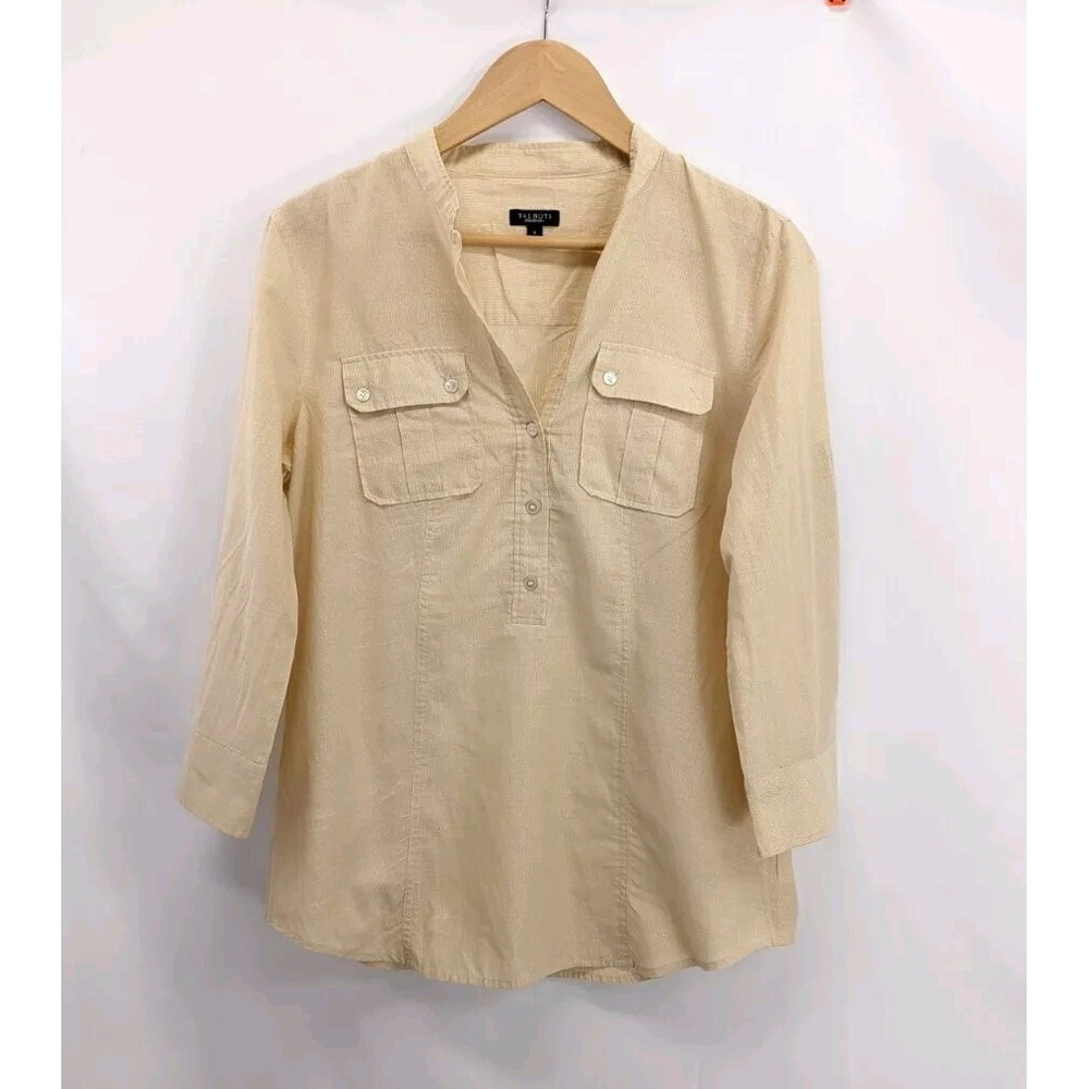 Talbots Women Metallic Gold V Neck Pullover Pockets Cotton Tunic Blouse 6 Top 16